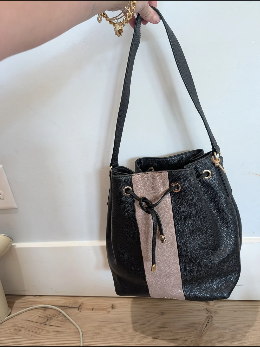 Kate Spade Black Taupe Leather Colorblock Drawstring Bucket Shoulder Bag
